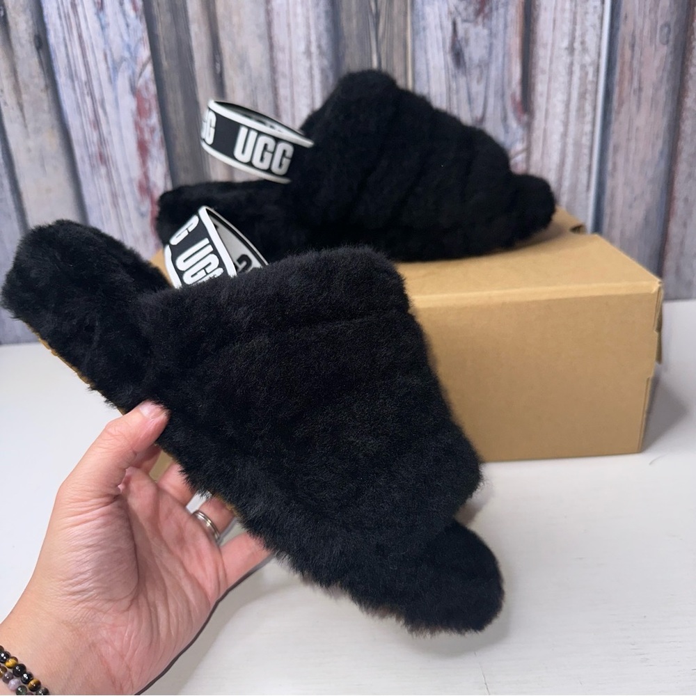 UGG Black Plush Slide Slippers with Fuzzy Faux Fur
